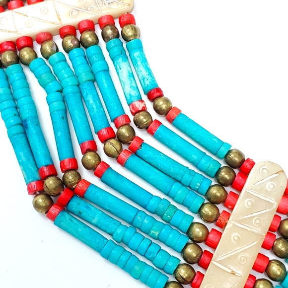 Tribal Blue Turquoise & Red Coral  Necklace Ethnic Bohemian Clay 8 Stran… - Picture 7 of 12